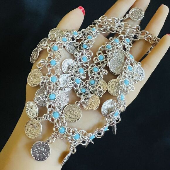 Lucky & Blessed Bohemian Floral Blue Silver Coin Layered Dangle Bib Necklace L&B - Picture 13 of 16